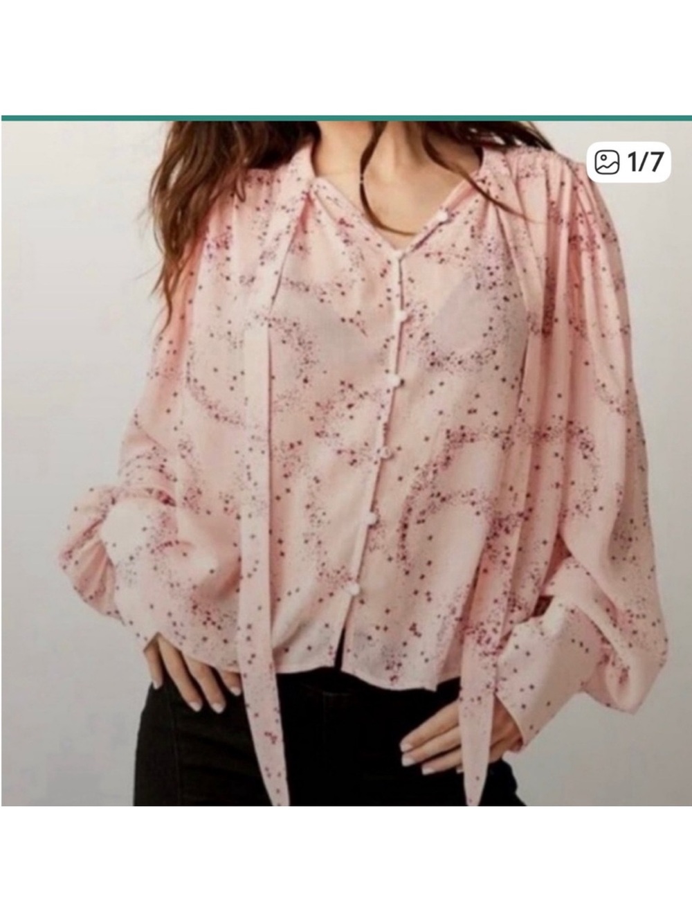 Free People Stars Aligned Pink Speckled Tie-Neck Blouse.  NWT